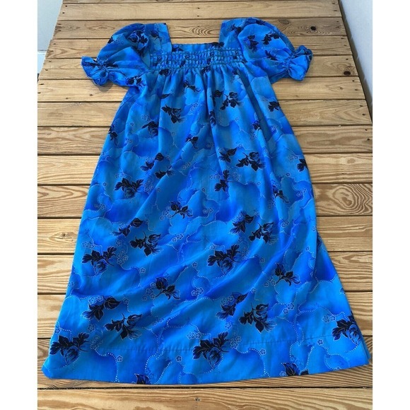 Vintage Dresses & Skirts - Vintage Handmade Smock Sleeve Hawaiian Mumu Dress Size Medium Women’s Blue